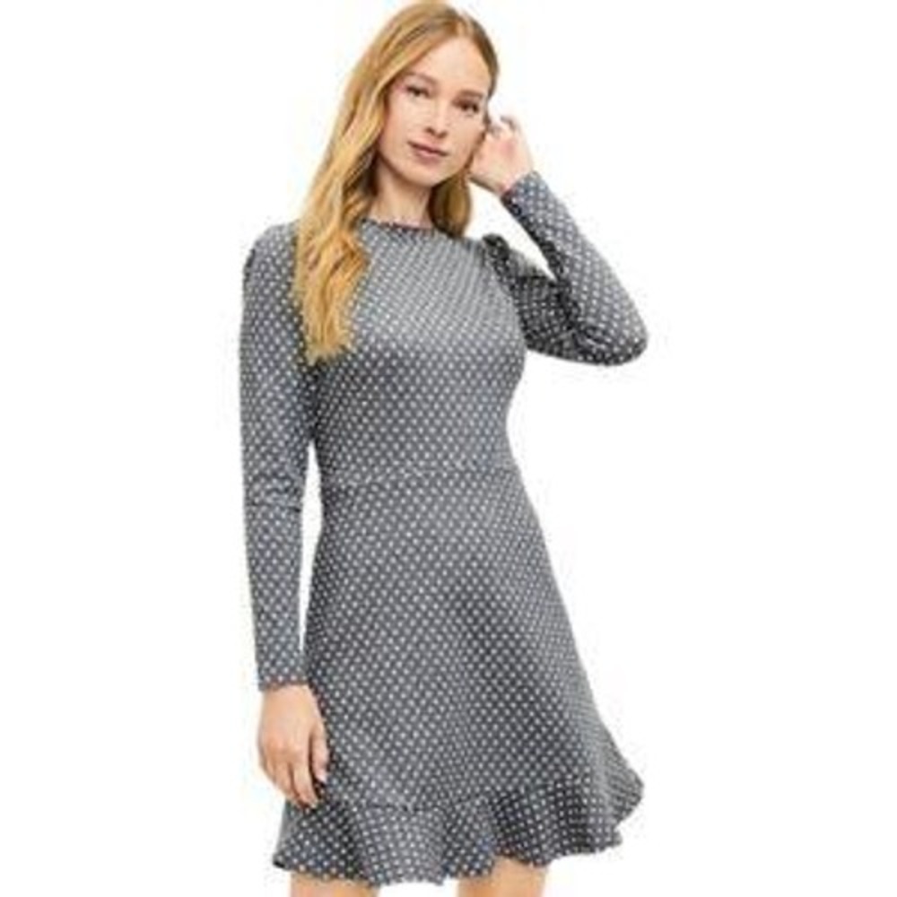 LOFT Polka Dot Puff Sleeve Ruffle Hem Sparkle Knit Dress Gray White Size 4